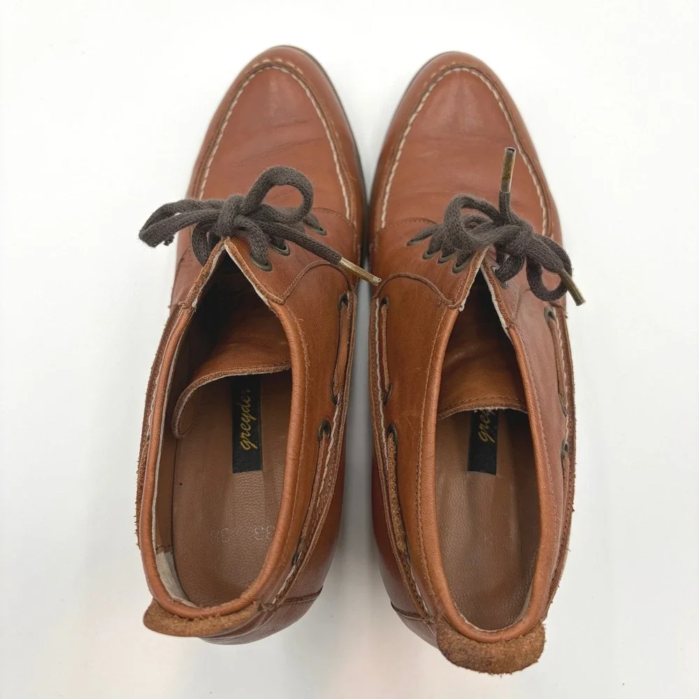 Greyder Cognac Leather Heeled Loafer Booties Size 38 7.5 Lace Up Boat Shoe Style